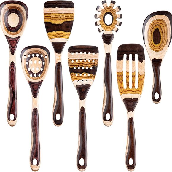 7-Piece Brown Pakkawood Utensils Set – Sturdy Eco-Friendly Wooden Spoons for c